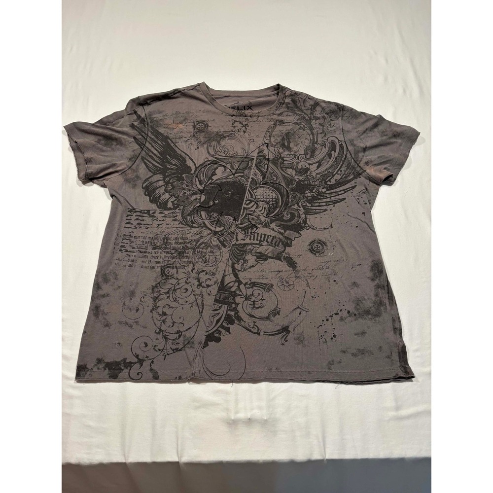 Helix Mens XXL Gray Graphic T-Shirt Y2K Eagle Wing Scroll‎ Tattoo Print Vintage